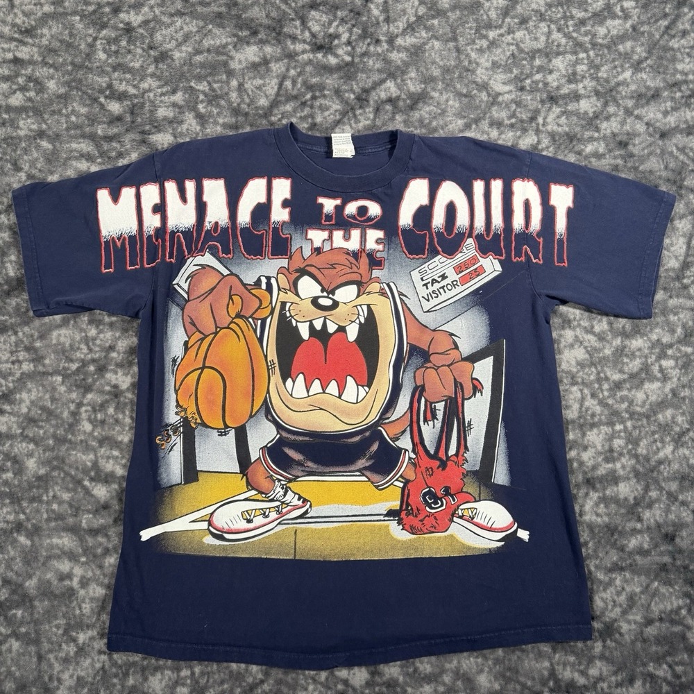 1997 Looney Tunes Taz Menace To The Court AOP TShirt Mens Size XL Blue Vintage